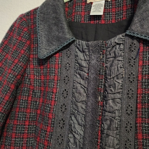 LULUMARI plaid trench coat dark academia snap button long line jacket grey red S - Picture 8 of 8